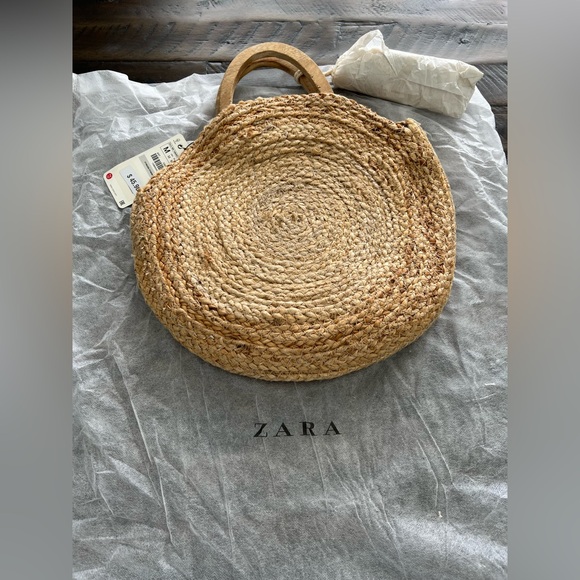 Zara Handbags - ZARA Natural Woven Round Straw Tote - Tan